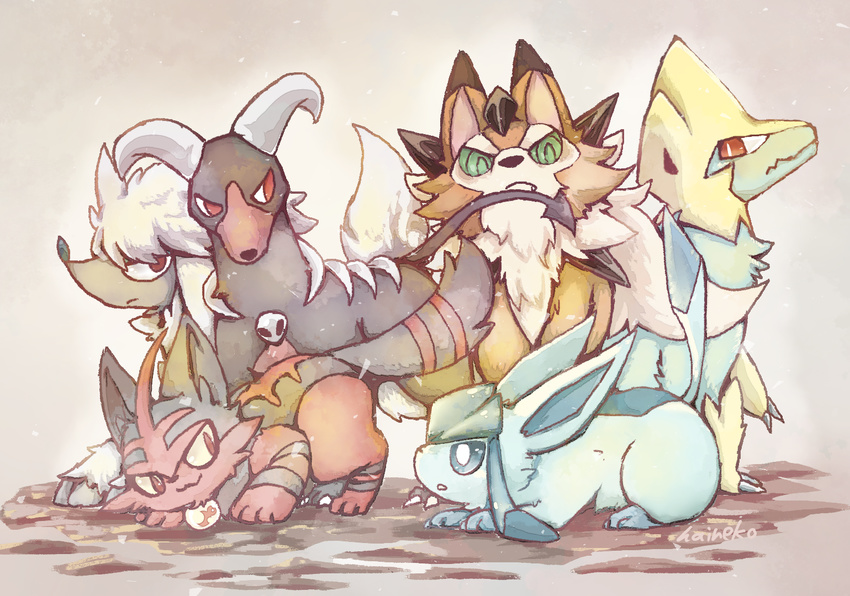 artist_name blue_eyes bright_pupils closed_mouth fang_out full_body furfrou gen_2_pokemon gen_3_pokemon gen_4_pokemon gen_6_pokemon gen_7_pokemon glaceon gradient gradient_background green_eyes grey_background haineko_05 horns houndoom lycanroc manectric no_humans pokemon pokemon_(creature) red_eyes ringed_eyes torracat wavy_mouth