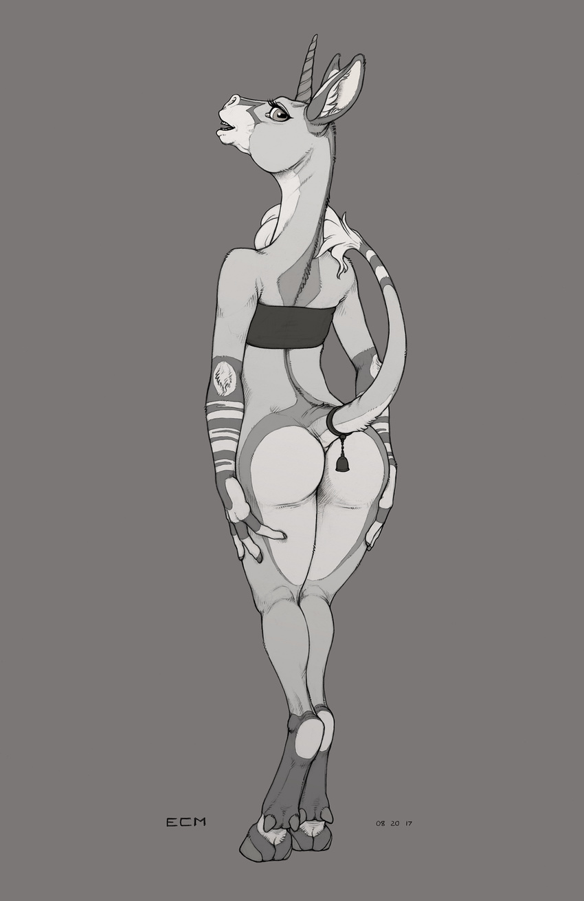 2017 anthro bell bottomless butt clothed clothing cloven_hooves ecmajor equine equustra eyelashes female full-length_portrait fur grey_background greyscale hi_res hooves horn looking_at_viewer looking_back mammal markings monochrome open_mouth open_smile portrait pose raised_tail rear_view signature simple_background smile socks_(marking) solo top unicorn