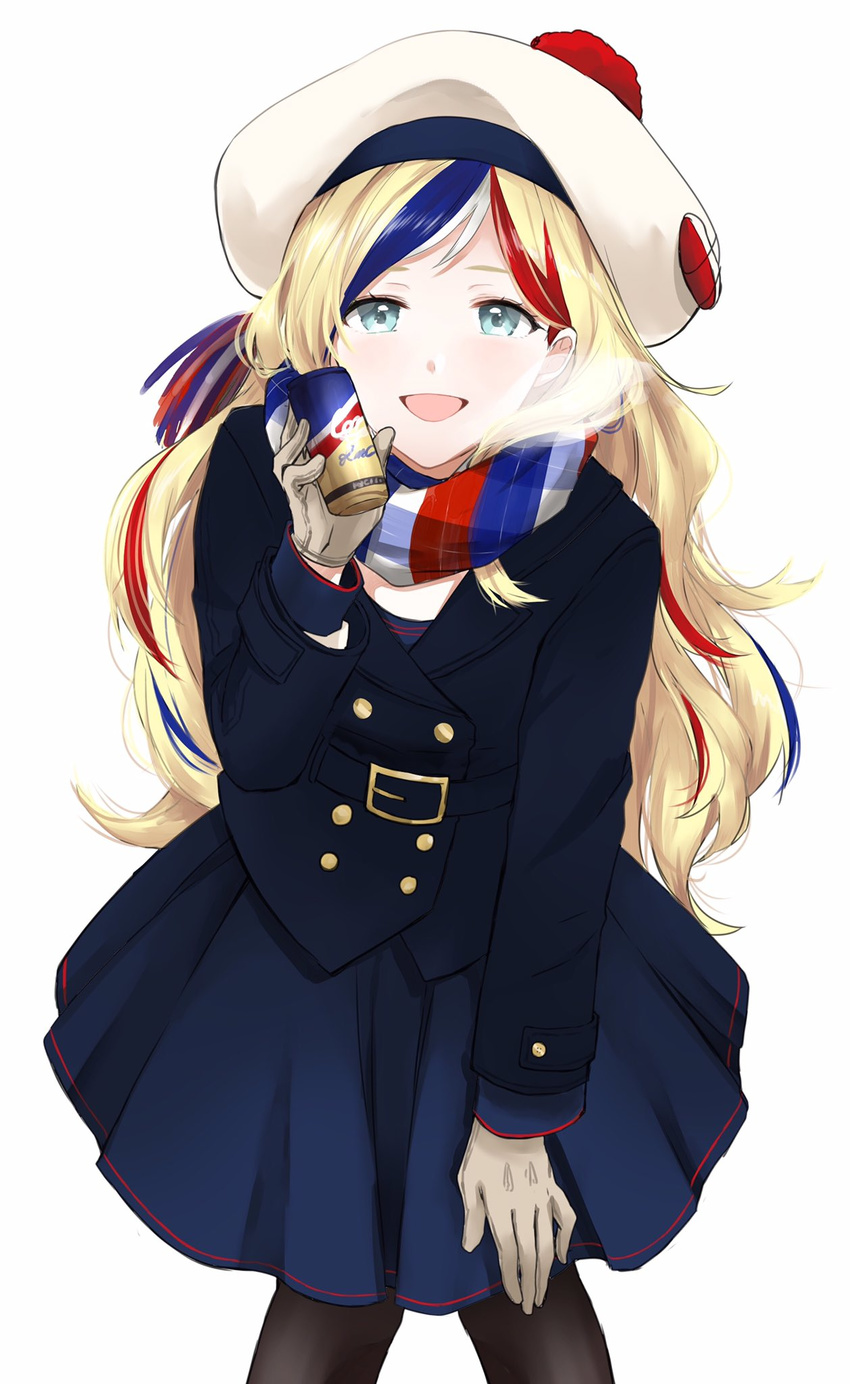 :d belt belt_buckle beret blue_eyes blue_jacket blue_skirt buckle commandant_teste_(kantai_collection) double-breasted gold_buttons hat highres holding jacket kantai_collection looking_at_viewer morinaga_miki multicolored multicolored_clothes multicolored_hair multicolored_scarf open_mouth pantyhose pom_pom_(clothes) scarf skirt smile solo white_background