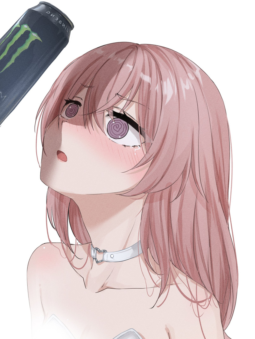 1girl @_@ astolfo_monster_cosplay_(meme) blush choker collarbone english_commentary feint721 heart heart_choker highres inui_sajuna long_hair looking_up meme monster_energy parted_lips phallic_symbol pink_hair shadow simple_background solo sono_bisque_doll_wa_koi_wo_suru white_background