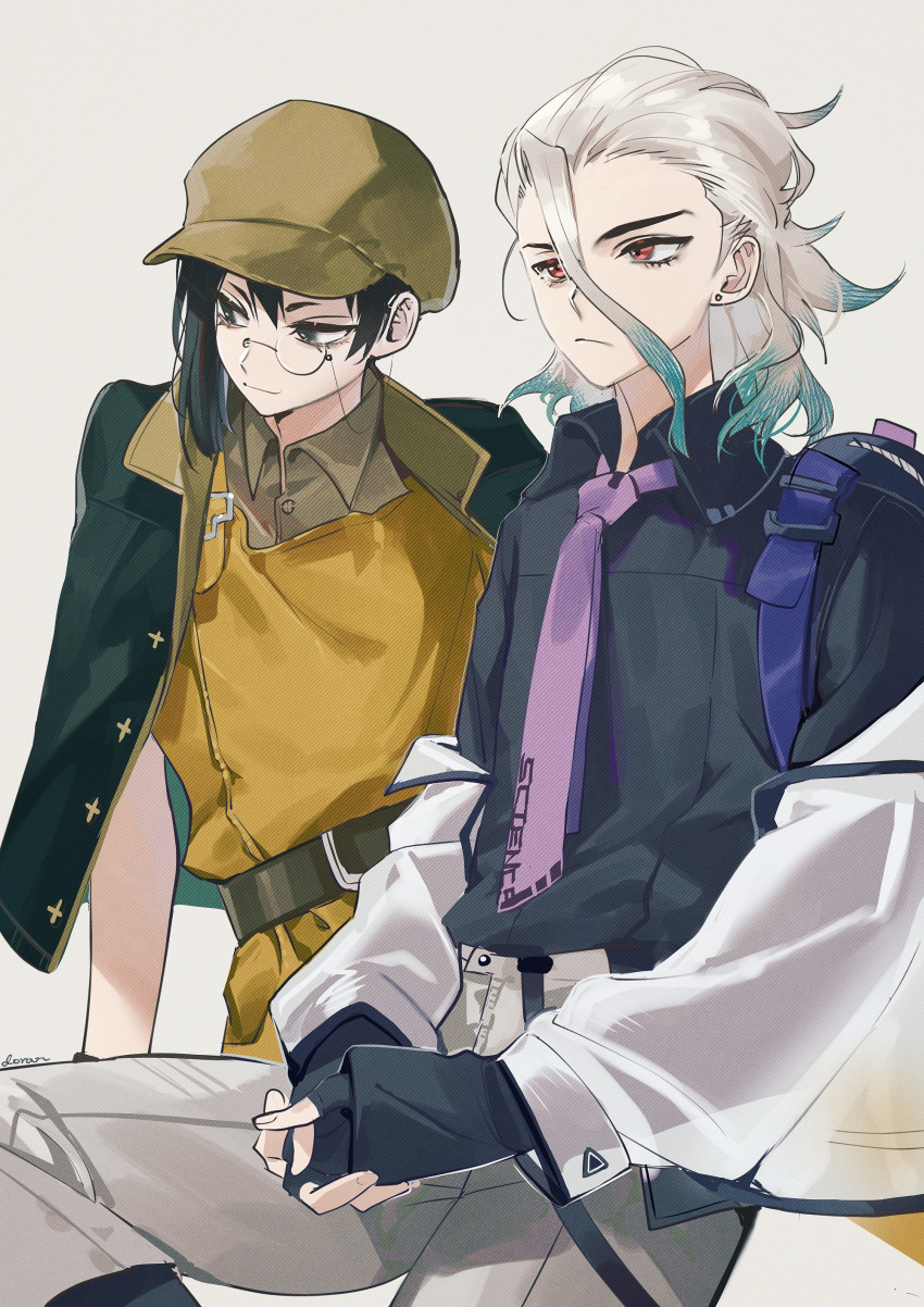 2boys :/ absurdres aqua_hair asagiri_gen belt black_eyes black_hair black_jacket black_shirt brown_eyes cabbie_hat collared_shirt colored_tips doran7280 dr._stone earrings eyebrows fingerless_gloves gloves grey_background hair_between_eyes hands_clasped hat highres invisible_chair ishigami_senkuu jacket jacket_on_shoulders jewelry light_smile looking_away makeup male_focus mascara medium_hair messy_hair multicolored_hair multiple_boys necktie off_shoulder open_clothes open_jacket own_hands_together pale_skin pants purple_neckwear serious shirt signature silver_hair simple_background sitting stud_earrings two-tone_hair white_jacket wing_collar