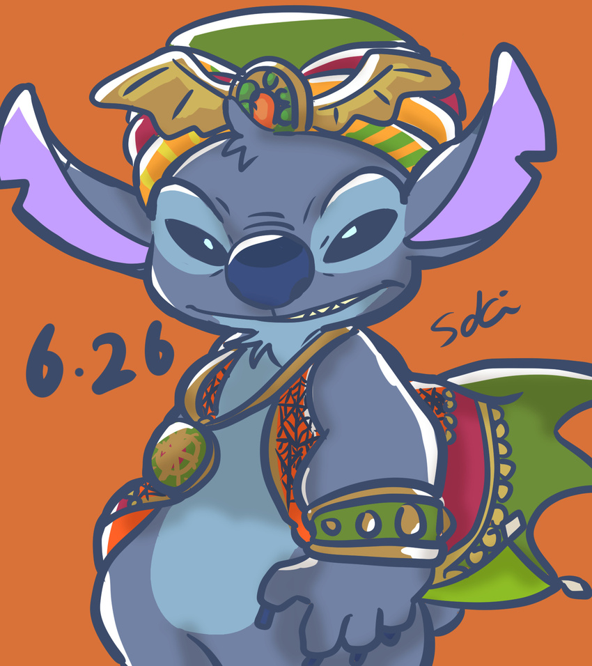 2017 4_fingers alien blue_claws blue_eyes blue_fur blue_nose bottomless chest_tuft claws clothed clothing costume digital_drawing_(artwork) digital_media_(artwork) disney experiment_(species) fur head_tuft hi_res lilo_and_stitch looking_at_viewer notched_ear orange_background saki_(pixiv_1507375) signature simple_background small_tail solo stitch tuft turban