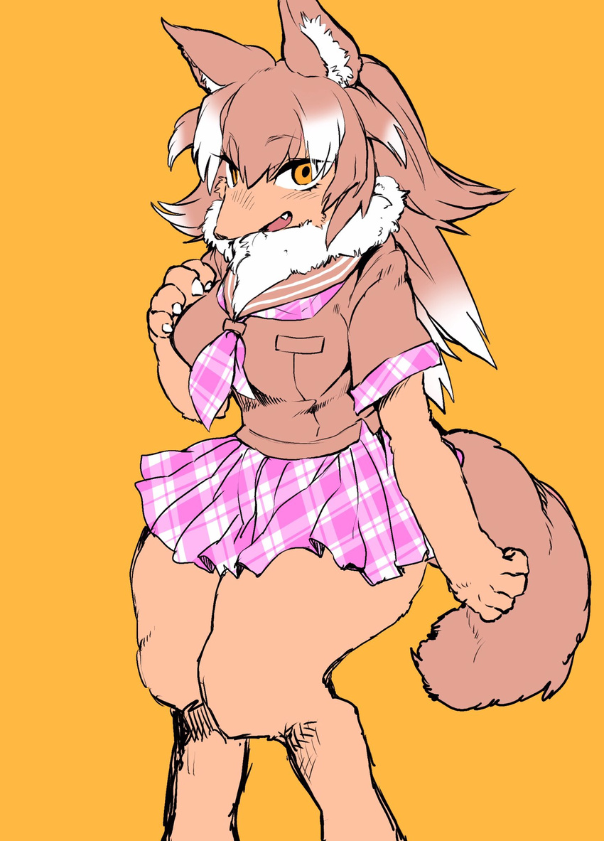 alternate_species animal_humanoid anthro anthrofied breasts canine claws clothed clothing digitigrade fangs female fur hair humanoid japanese_wolf_(kemono_friends) kemono_friends long_hair mammal multicolored_hair open_mouth pink_hair school_uniform serafuku sigmarion skirt smile solo uniform wolf wolf_humanoid yellow_eyes