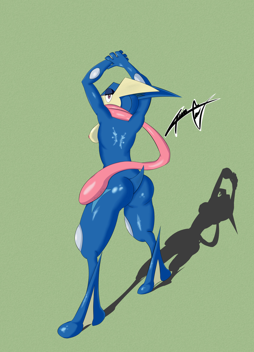 amphibian anthro breasts butt eyelashes female greninja long_tongue nintendo nipples nude pok&eacute;mon pok&eacute;mon_(species) simple_background solo tongue tongue_out unversedpath video_games