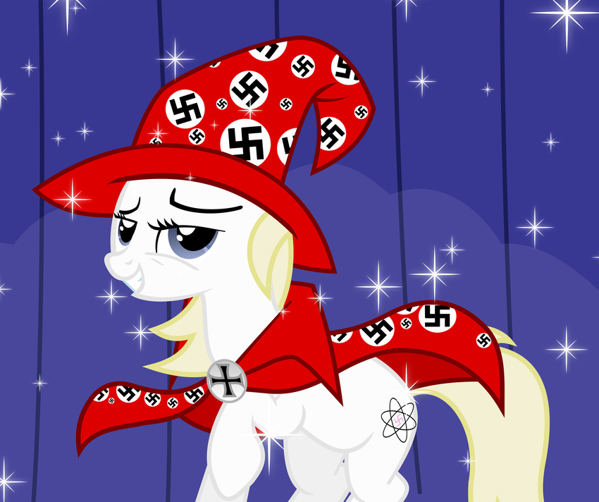 aryanne aryanne_(character) blonde_hair blonde_mane blue_eyes cape clothing cutie_mark earth_pony edit equine fan_character fur hair hat horse mammal my_little_pony nazi pony simple_background solo swastika white_fur