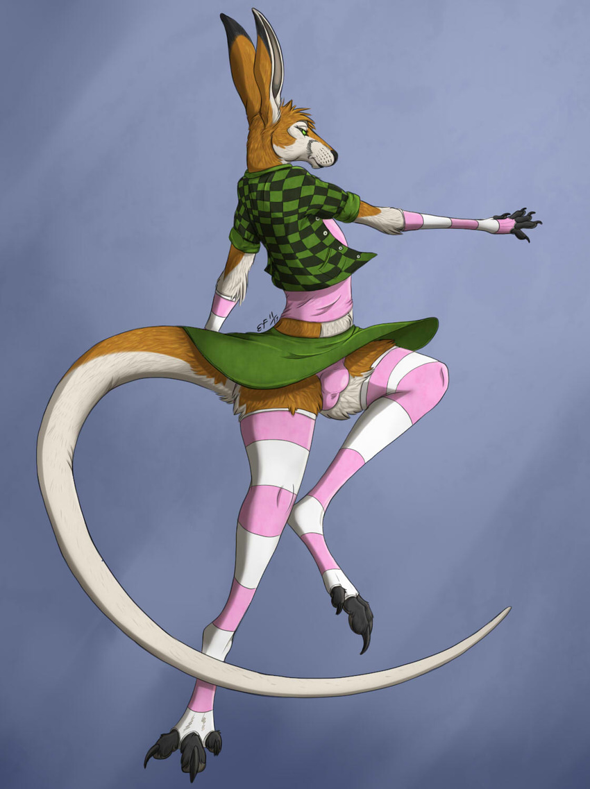 anthro black_fur brown_fur bulge checkered_clothing clothed clothing crossdressing fur girly green_eyes kangaroo legwear male mammal marsupial maskedhusky skirt socks solo stockings striped_armwear striped_legwear striped_socks striped_stockings stripes underwear white_fur