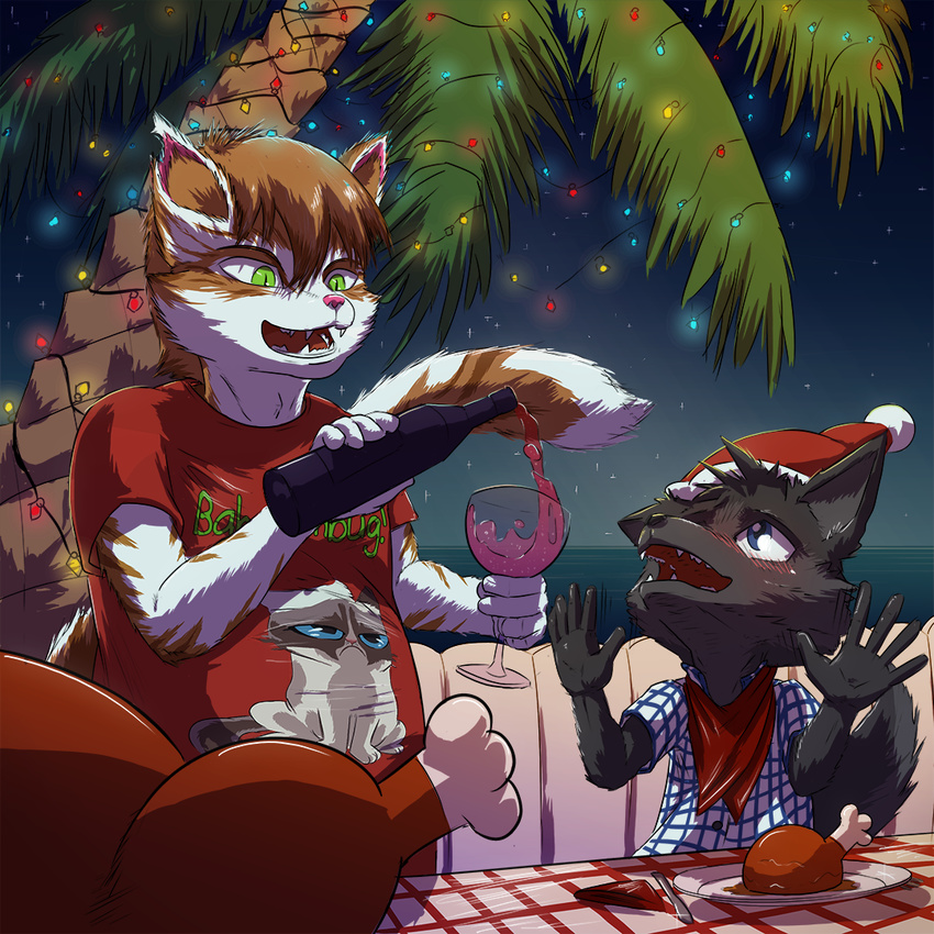 alcohol bandanna beverage black_fur blue_eyes blush canine cat clothing dakka dakkawolf drunk elf_hat fangs feline food fur male mammal multicolored_fur open_mouth orange_fur palm_tree shirt tree two_tone_fur white_fur wine wolf