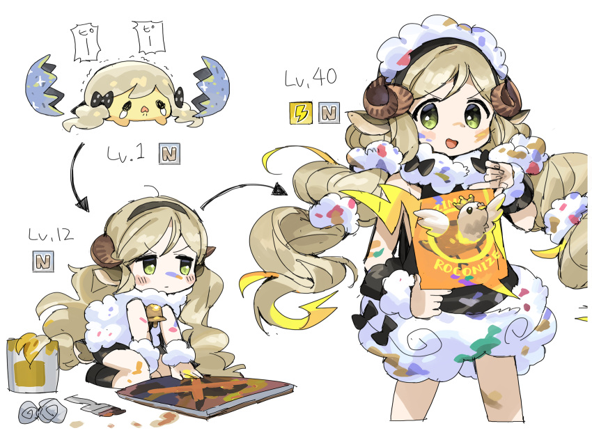 &gt;:d 1girl animal_ears bell bike_shorts bird black_dress black_footwear bow curled_horns dress egg evolution finger_painting fur_trim green_eyes hair_bow hairband handa_roko hatching highres horns idolmaster idolmaster_million_live! level_up light_brown_hair looking_at_viewer maid_headdress multiple_views paint_can paint_on_clothes paint_on_face paint_on_fingers paintbrush polka_dot polka_dot_bow sheep_ears sheep_girl short_dress simple_background smirk spawnfoxy twintails white_background wrist_cuffs
