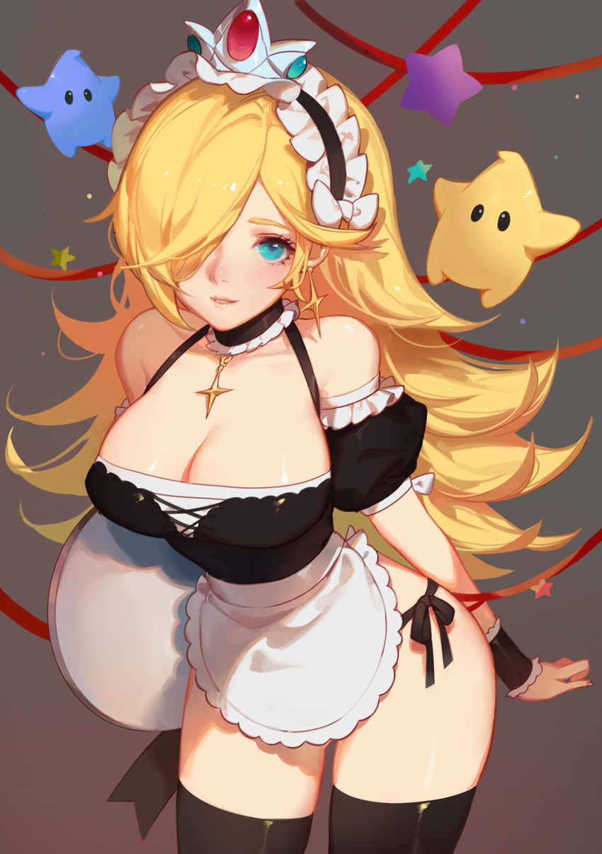 absurdres apron ass_visible_through_thighs bare_shoulders blonde_hair blue_eyes blush breasts chiko_(mario) choker cleavage cowboy_shot crown dish earrings flipped_hair hair_over_one_eye highres jewelry large_breasts leaning_forward long_hair looking_at_viewer maid maid_headdress mario_(series) paid_reward panties parted_lips patreon_reward rosetta_(mario) side-tie_panties simple_background smile solo songjikyo standing star super_mario_bros. super_mario_galaxy thighhighs underwear waist_apron wrist_cuffs