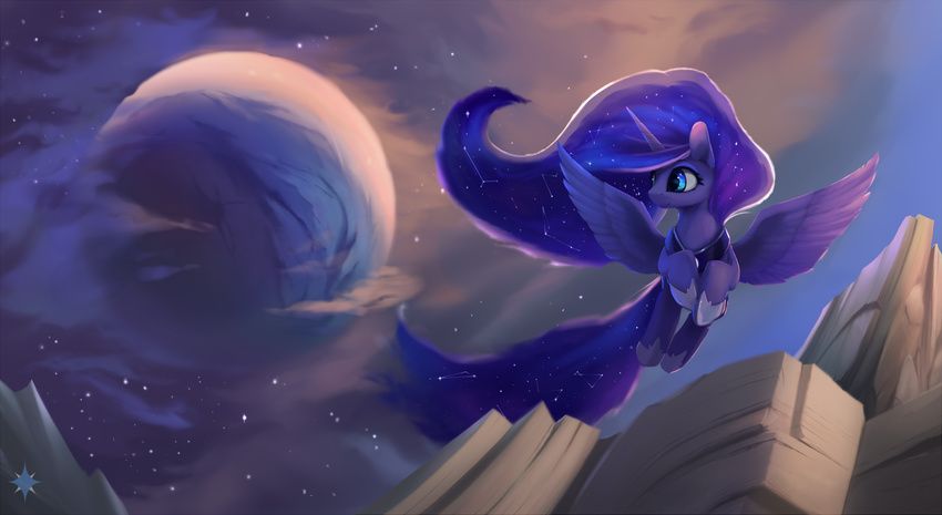 blue_eyes blue_feathers blue_fur cosmic_hair detailed_background digital_media_(artwork) equine feathered_wings feathers female feral friendship_is_magic fur hooves horn mammal moon my_little_pony noctilucent-arts princess_luna_(mlp) sky smile solo star starry_sky winged_unicorn wings