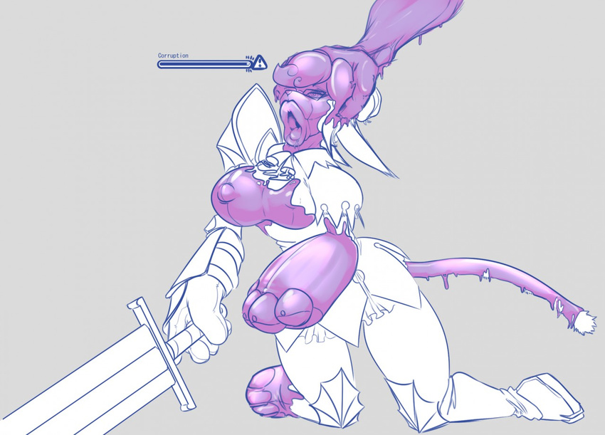 2017 anthro armor bose breast_expansion breasts corruption feline female health_bar living_inflatable mammal melee_weapon nipple_bulge open_mouth simple_background solo_focus sword transformation weapon