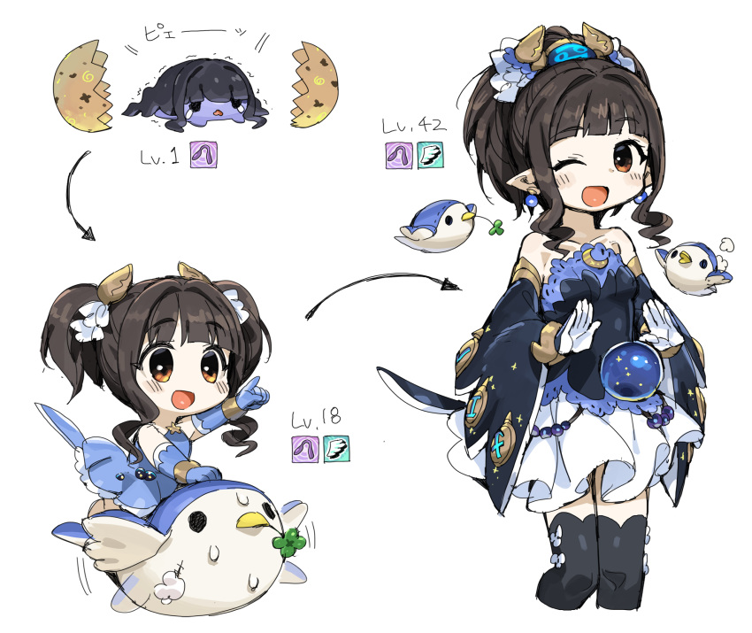 1girl :d bangs bird black_hair black_legwear blue_dress blue_gloves blunt_bangs brown_eyes clover crescent cropped_legs crystal_ball detached_sleeves dress earrings egg elbow_gloves evolution eyebrows_visible_through_hair flying frilled_skirt frills fujii_tomo gloves hatching highres idolmaster idolmaster_cinderella_girls jewelry level_up looking_at_viewer moon_(ornament) mount multiple_views one_eye_closed open_mouth pointing pointing_forward pointy_ears riding_bird simple_background skirt smile spawnfoxy stuffed_animal stuffed_bird stuffed_toy twintails white_background white_gloves white_skirt wide_sleeves