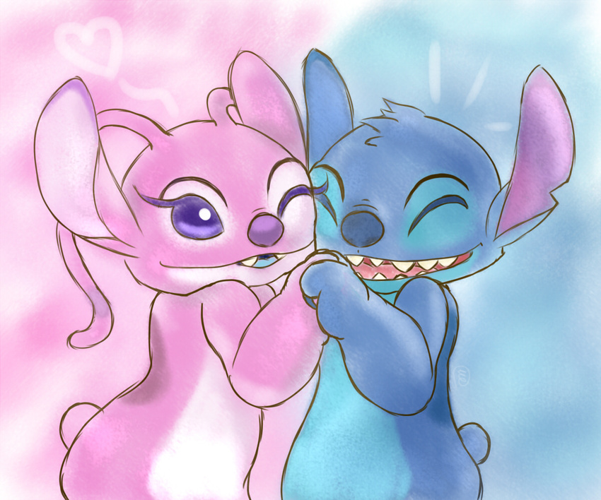 &lt;3 2014 5:4 alien angel_(lilo_and_stitch) antennae back_markings blue_eyes blue_fur blue_nose blue_tongue cute digital_media_(artwork) disney duo experiment_(species) eyelashes eyes_closed fur hand_holding happy head_tuft lilo_and_stitch markings notched_ear one_eye_closed open_mouth open_smile pink_fur purple_eyes purple_nose romantic_couple small_tail smile stitch tuft unknownlifeform