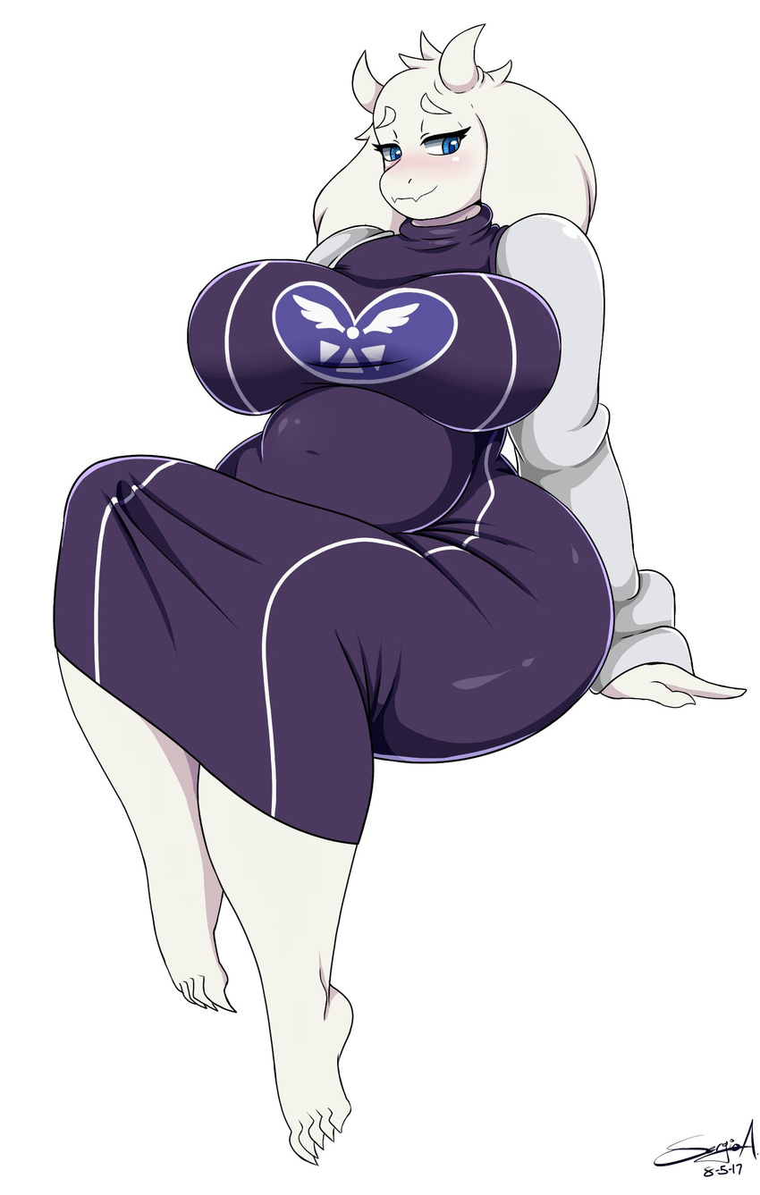 anthro big_breasts blush breasts caprine clothed clothing female goat hair horn huge_breasts mammal mehdrawings overweight sitting smile solo toriel undertale video_games voluptuous