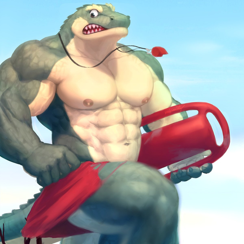 2017 abs big_muscles big_pecs clothing crocodile crocodilian digital_media_(artwork) lifeguard male mixvariety muscular navel nipples nude outside pecs realistic renekton reptile scalie solo surprise thick_thighs torn_clothing wardrobe_malfunction whistle