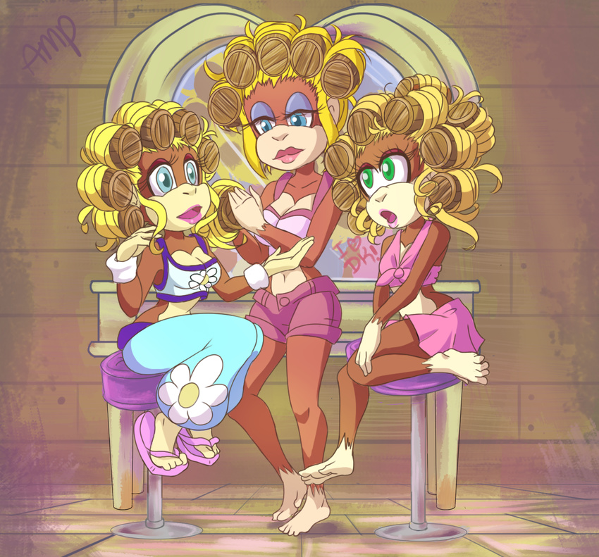 anthro askprincessplum bare_shoulders barefoot blonde_hair blue_eyes brown_fur candy_kong clothing dixie_kong donkey_kong_(series) eyeshadow female footwear fur green_eyes hair hi_res lipstick makeup mammal monkey nintendo primate sandals tiny_kong toes video_games