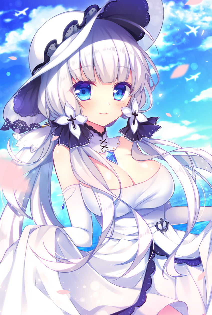 aircraft airplane azur_lane bangs bare_shoulders blue_eyes blue_sky blunt_bangs blurry blurry_background blush breasts cleavage closed_mouth cloud colored_eyelashes cowboy_shot day depth_of_field detached_collar dress elbow_gloves gem gloves hair_ribbon hat highres illustrious_(azur_lane) jewelry large_breasts lens_flare long_hair looking_at_viewer low_ponytail mole mole_under_eye ocean outdoors pendant petals ponytail ribbon shiny shiny_skin sidelocks silver_hair skirt_hold sky smile solo sparkle standing strapless strapless_dress sun_hat tareme tress_ribbon tri_tails white_dress white_gloves white_hat ytuorvi