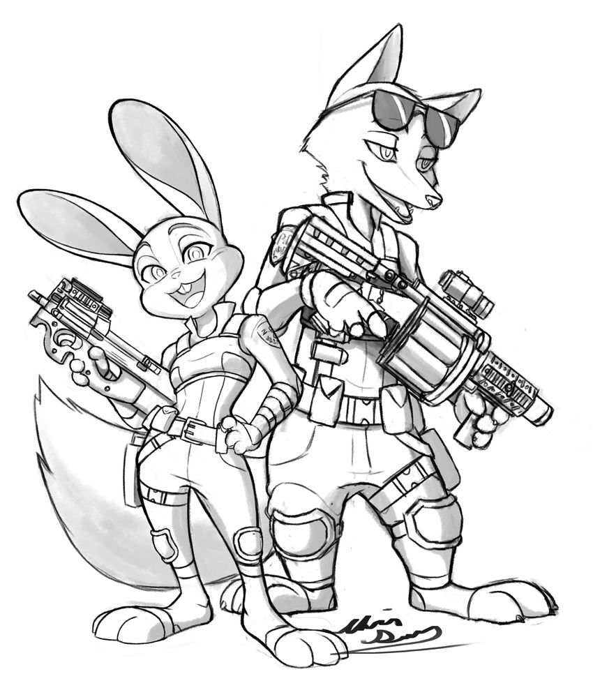 2016 4_fingers absurd_res anthro belt belt_pouch buckteeth bulletproof_vest canine clothed clothing disney duo eyewear eyewear_on_head felisfurtificus female fingerless_gloves fluffy fluffy_tail fox fur gloves grenade_launcher greyscale gun hand_on_hip hi_res holding_object holding_weapon judy_hopps knee_pads lagomorph long_ears male mammal monochrome nick_wilde open_mouth open_smile p90 rabbit ranged_weapon simple_background smile standing submachine_gun sunglasses teeth weapon white_background zootopia