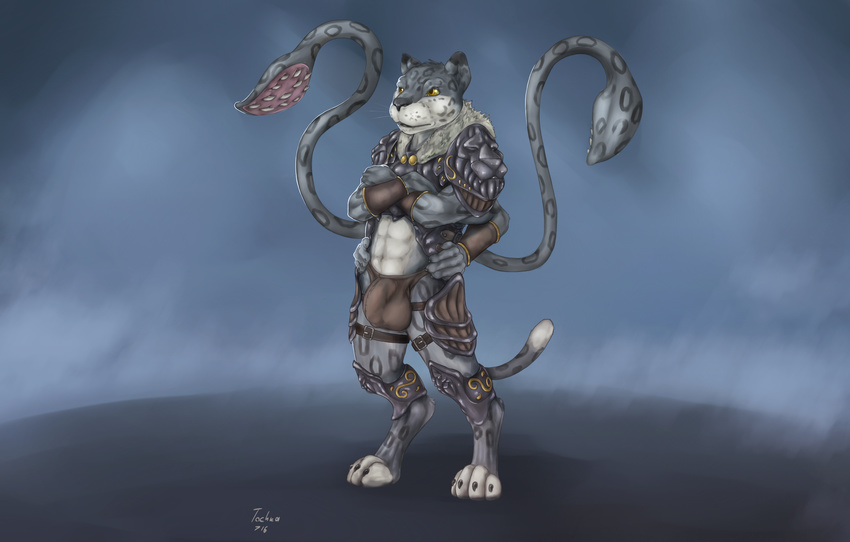 2016 4_arms 4_toes 5_fingers abs absurd_res anthro armor belt black_fur black_spots bracers bulge claws clothed clothing crossed_arms digital_media_(artwork) displacer_beast feline front_view full-length_portrait fur grey_fur hands_on_hips hi_res knee_pads leopard male mammal multi_arm multi_limb paws penis_outline portrait signature smaller_version_at_source snow_leopard solo spikes spots spotted_body standing tentacles tkashi tochka toe_claws toes underwear whiskers white_fur yellow_eyes yellow_sclera