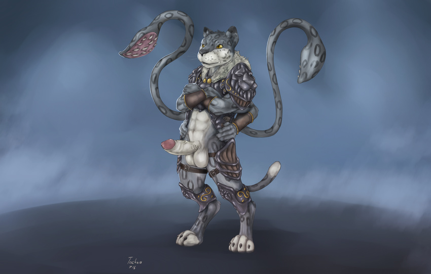 2016 4_arms 4_toes 5_fingers abs absurd_res anthro armor balls belt black_fur black_spots bottomless bracers claws clothed clothing crossed_arms digital_media_(artwork) displacer_beast erection feline front_view full-length_portrait fur glans grey_fur hands_on_hips hi_res humanoid_penis knee_pads leopard male mammal multi_arm multi_limb paws penis portrait signature smaller_version_at_source snow_leopard solo spikes spots spotted_body standing tentacles tkashi tochka toe_claws toes vein veiny_penis whiskers white_balls white_fur white_penis yellow_eyes yellow_sclera