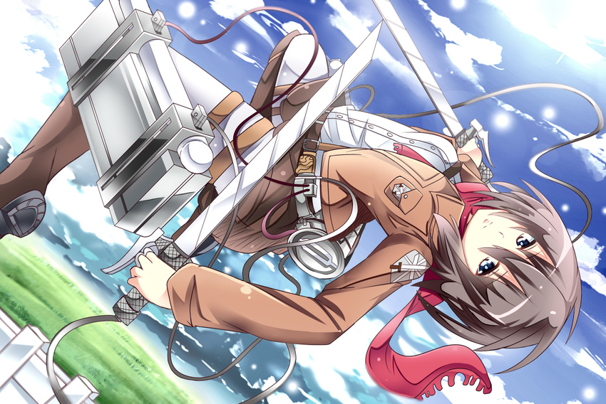 black_hair brown_eyes mikasa_ackerman shinekalta shingeki_no_kyojin short_hair sword weapon