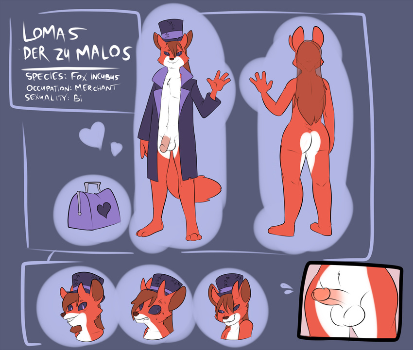 2017 anthro bag balls black_eyes bubble_butt butt canine clothing coat demon digital_media_(artwork) english_text erection facial_expressions fox fur hair hat horn humanoid incubus lomas_(character) male mammal metal_(artist) model_sheet nude penis purple_iris red_fox smile solo standing text top_hat white_fur