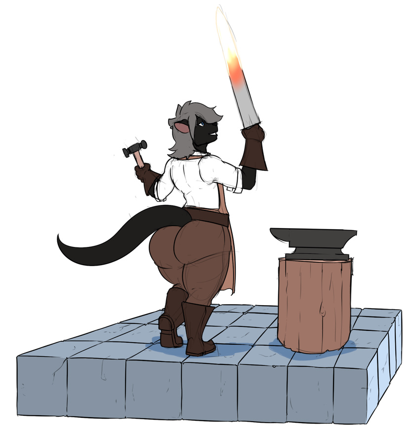 2017 anthro anvil apron big_butt black_fur blacksmith blue_eyes butt clothing digital_media_(artwork) footwear fur hair hammer huge_butt male mammal melee_weapon mustelid otter owlizard silver_hair simple_background solo steph_ulloa sword thick_thighs tools voluptuous weapon wood