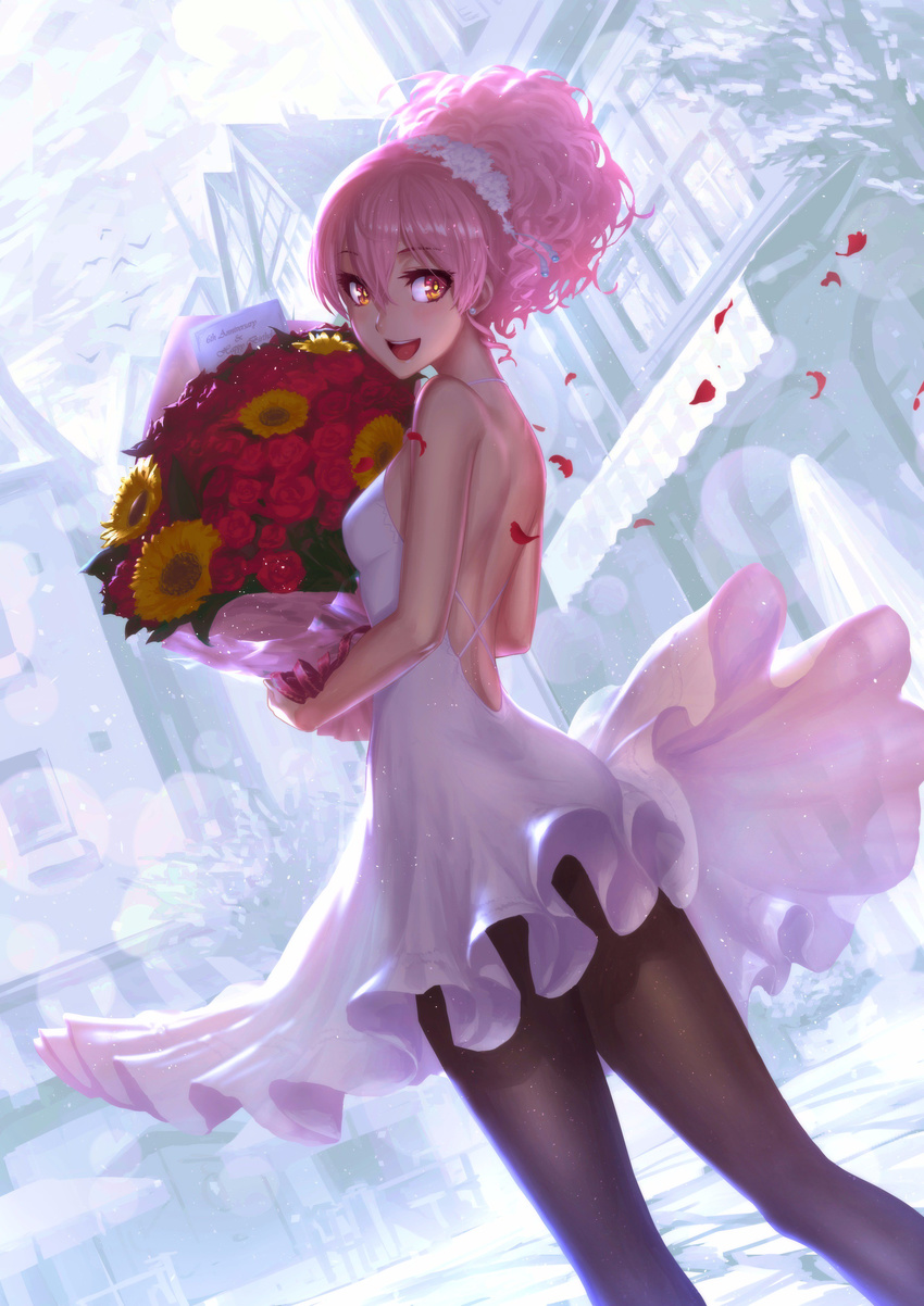 :d absurdres bangs black_legwear blush bouquet commentary_request curly_hair dress dutch_angle eyebrows_visible_through_hair flower from_behind highres holding holding_bouquet idolmaster idolmaster_cinderella_girls jougasaki_mika looking_at_viewer looking_back noname_(metaldragonfly) open_mouth outdoors pantyhose petals pink_hair sidelocks smile solo standing thighs white_dress yellow_eyes