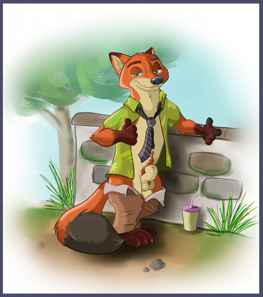 animal_genitalia balls black_fur canine clothed clothing colifox cup detailed_background disney fox fur green_eyes half-closed_eyes khakis male mammal necktie nick_wilde open_shirt orange_fur pants pants_down partially_clothed pubes sheath shirt smile smirk solo stone_wall tan_fur thumbs_up tree zootopia