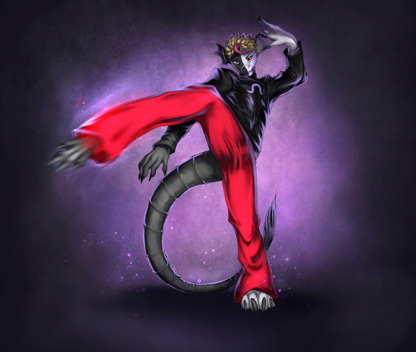 anthro black_and_white black_sclera blonde_hair capcom clothed clothing digital_media_(artwork) dragon duality duality448 ear_piercing grender hair kick male monochrome piercing pink_hair purple_eyes rainbow_eye scalie slit_pupils smile solo street_fighter tattoo video_games xenomorph_tail