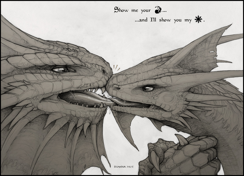 2015 black_and_white claws dragon drooling ecmajor english_text feral greyscale hi_res kissing magic_the_gathering monochrome niv-mizzet ojutai saliva scales scalie sharp_teeth simple_background teeth text tongue western_dragon wizards_of_the_coast