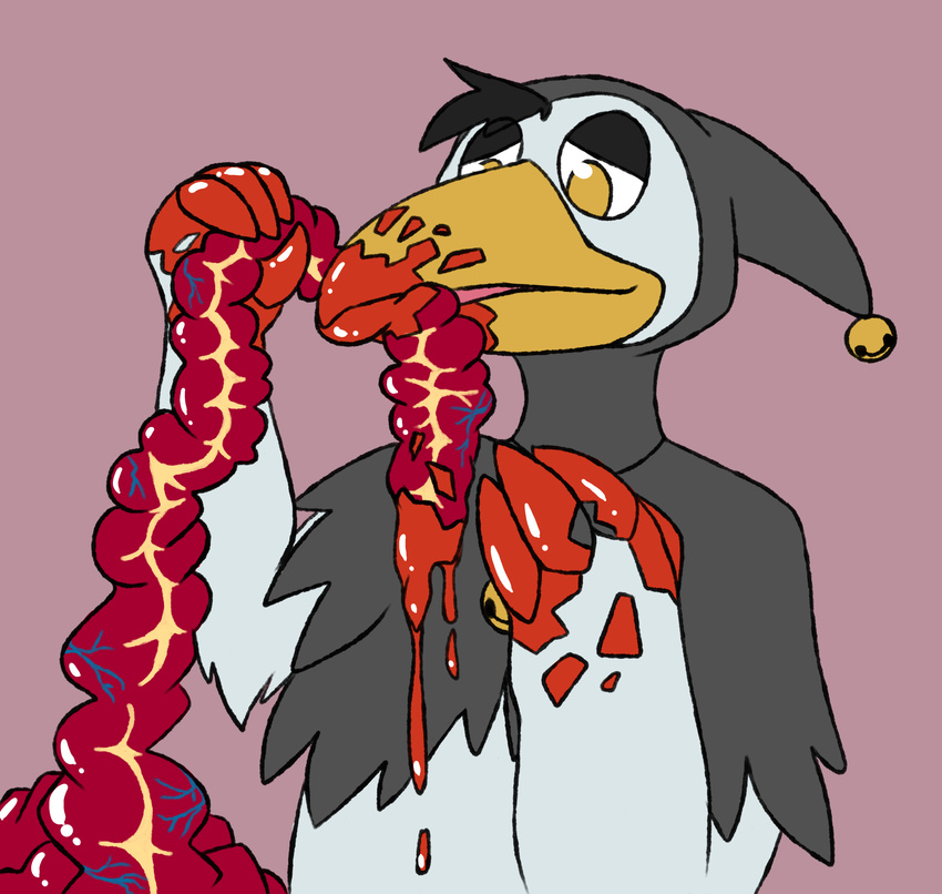 absurd_res avian bird blood claws clothed clothing death digital_drawing_(artwork) digital_media_(artwork) disembowelment eating eating_flesh gore guts hi_res holding_object intestines leveretry male open_mouth ravrow simple_background smile solo