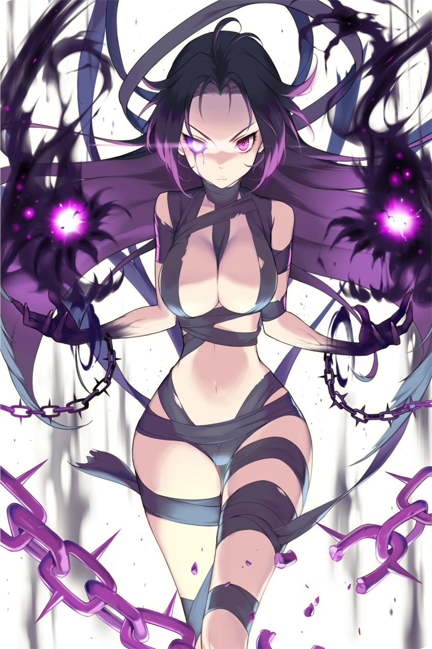 1000marie 1girl bangs black_sclera breasts chain cleavage dark_persona glowing glowing_eyes gradient highres hip_focus large_breasts long_hair mismatched_sclera naked_ribbon navel official_art parted_bangs purple_eyes purple_hair ravian_(soccer_spirits) resized ribbon soccer_spirits solo transparent_background upscaled very_long_hair