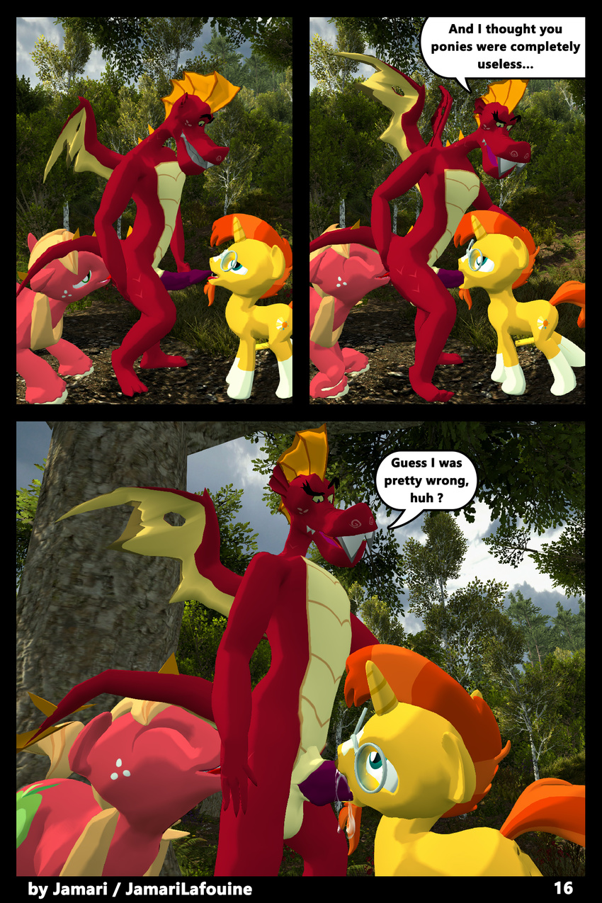 2017 3d_(artwork) anal anthro big_macintosh_(mlp) comic digital_media_(artwork) dragon earth_pony equine erection fellatio forest friendship_is_magic garble_(mlp) group group_sex horse jamari licking male male/male mammal membranous_wings my_little_pony oral outside penis pony rimming scales scalie sex teeth threesome tongue tongue_out tree wings