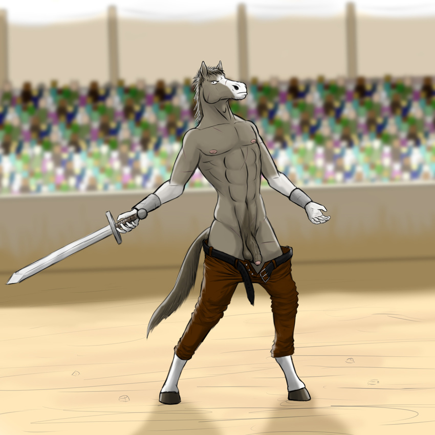 anthro arena armor balls clothed clothing confident equine flaccid hair hi_res horse humanoid_penis male mammal maskopatol melee_weapon muscular muscular_male navel nipples nude pants_down partially_clothed penis saggy_balls scar showing solo sword unconvincing_armor uncut vein veiny_penis weapon