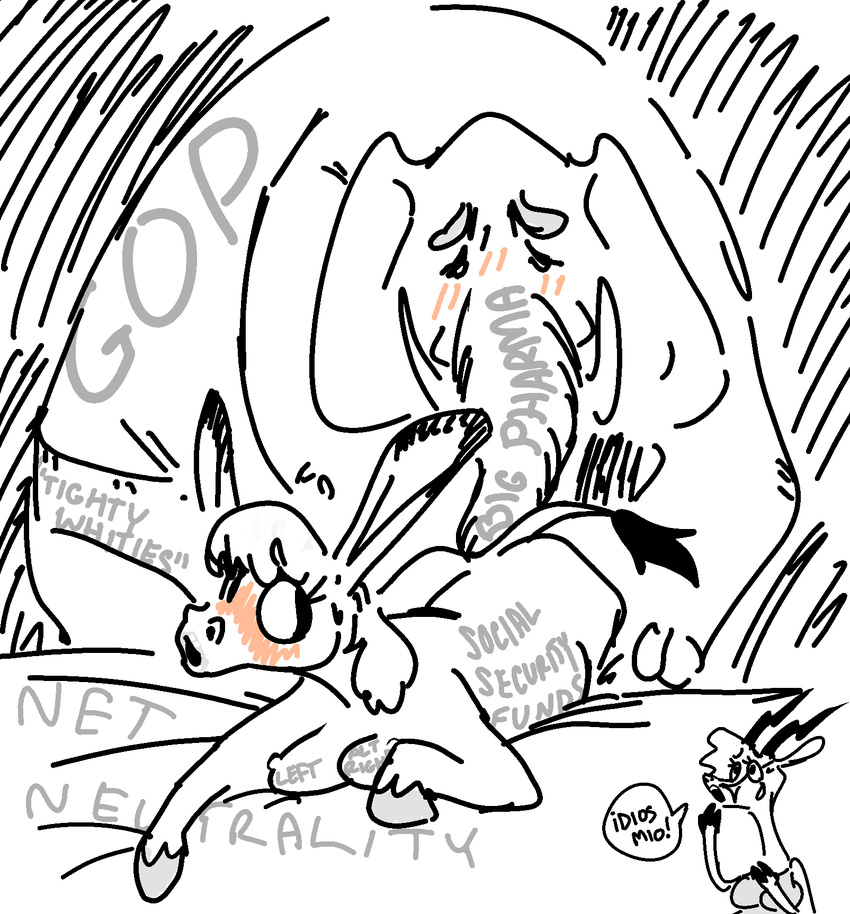 antelope anthro antlers blush breasts clothing cunnilingus dialogue donkey elephant english_text equine female gazelle hair horn interspecies male male/female mammal nobby_(artist) oral political_cartoon politics sex spanish_text speech_bubble text tusks underwear vaginal