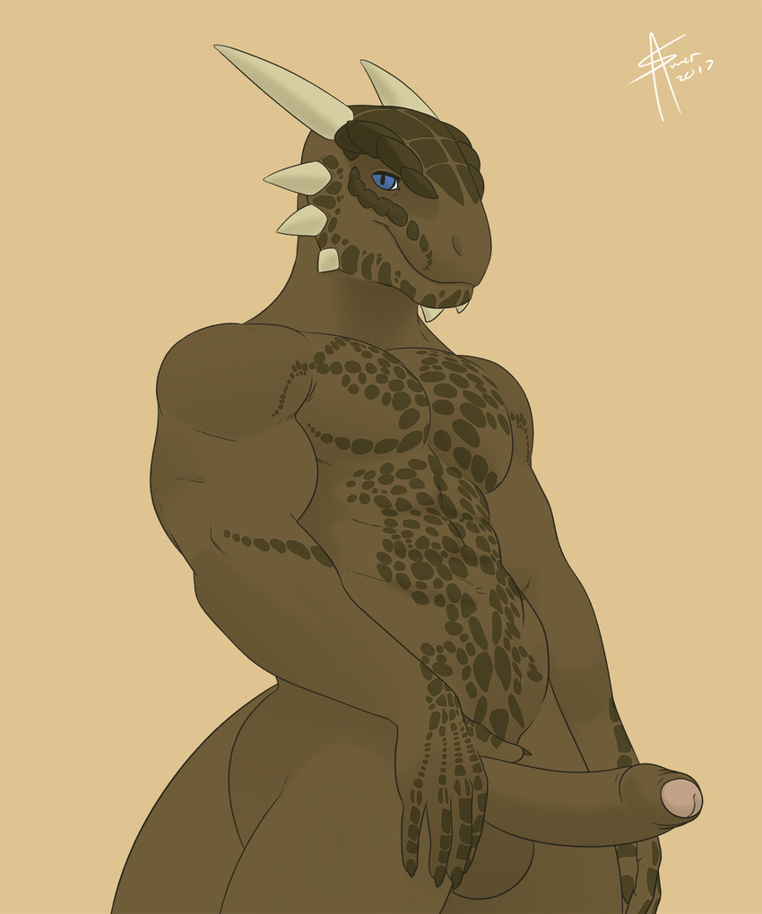 2017 abs anthro archshen argonian athletic balls biceps big_penis blue_eyes brown_claws brown_scales claws erection half_portrait hi_res horn humanoid_penis looking_at_viewer male muscular muscular_male nude penis scales scalie shen_(archshen) signature simple_background smile solo spikes the_elder_scrolls uncut video_games white_horn