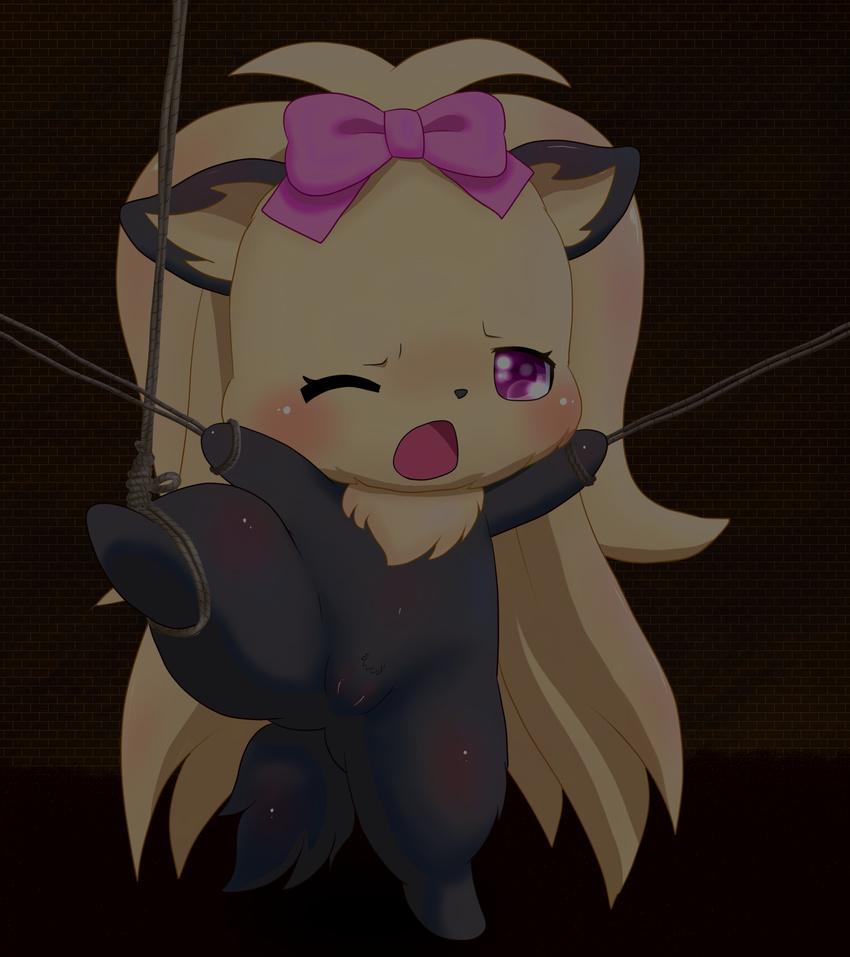 bdsm blush bondage bound bow canine cute dog female feral hi_res jewelpet mammal one_eye_closed open_mouth purple_eyes rope sanrio spreading suggestive terrier topaz_(jewelpet) yorkshire_terrier ジュエルポテト
