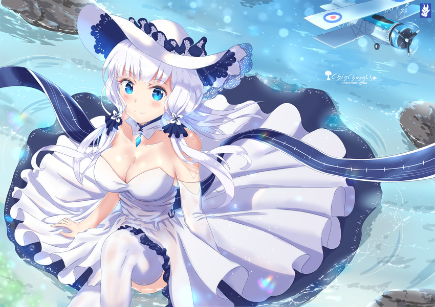 aircraft airplane azur_lane bare_shoulders biplane blue_eyes breasts chinchongcha collarbone detached_collar dress elbow_gloves gloves hat highres illustrious_(azur_lane) large_breasts long_hair looking_at_viewer single_elbow_glove sitting smile solo thighhighs water white_hair