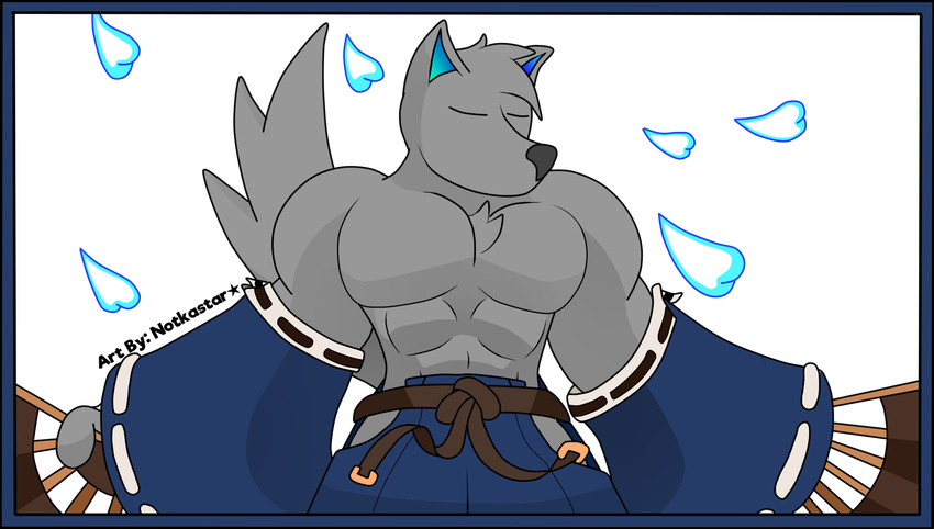 2017 abs anji_mito_(character) anthro belt biceps canine clothed clothing digital_media_(artwork) english_text fur grey_fur guilty_gear hair hi_res japanese_clothing kimono male mammal muscular notkastar_(artist) partially_clothed sketch tagme text wolf zatch_(character)