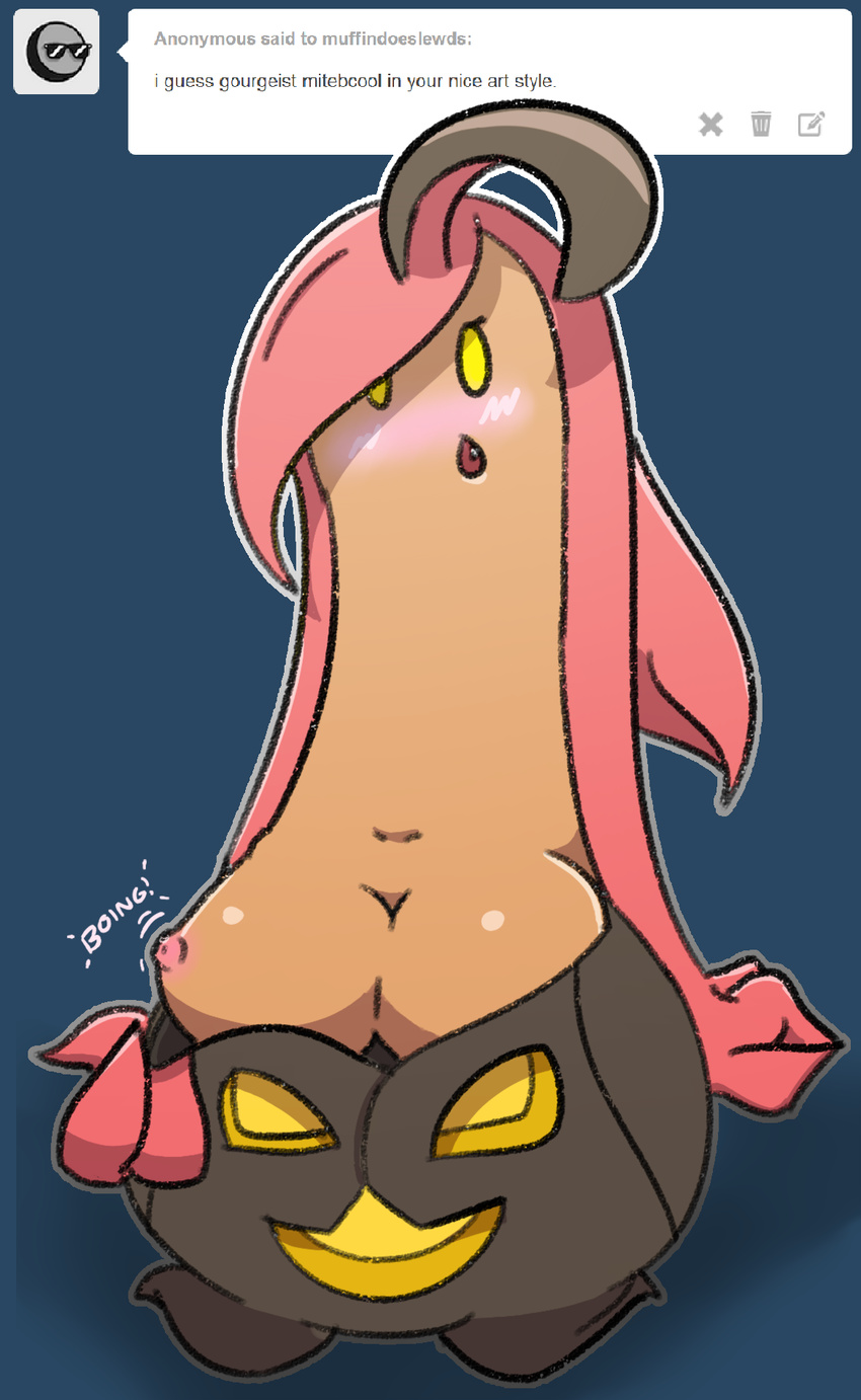 3_fingers :o blush breasts clothed clothing english_text female flashing ghost gourgeist hair hi_res long_hair looking_at_viewer nintendo nipples oddbaillie open_mouth pink_hair pok&eacute;mon pok&eacute;mon_(species) solo spirit teeth text undressing video_games yellow_eyes