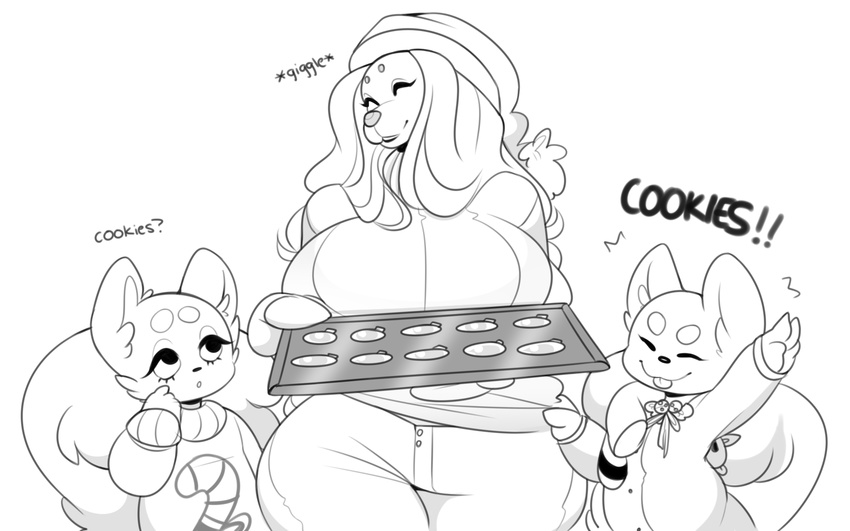 2017 anthro big_breasts breasts canine cherrikissu christmas clothed clothing cookie cute digital_media_(artwork) dog dogmom eyes_closed female food frankie_(cherrikissu) hair holidays huge_breasts mammal mature_female monochrome mother parent saluki simple_background stacy_(cherrikissu) thick_thighs voluptuous white_background wide_hips young