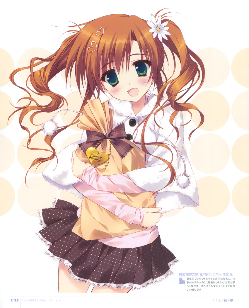 absurdres bangs blush brown_hair capelet eyebrows_visible_through_hair fang flower gift green_eyes hair_flower hair_ornament hairclip hana_x_hana highres holding long_hair long_sleeves looking_at_viewer narumiya_hana official_art open_mouth page_number pleated_skirt pom_pom_(clothes) ryouka_(suzuya) scan simple_background skirt smile solo twintails