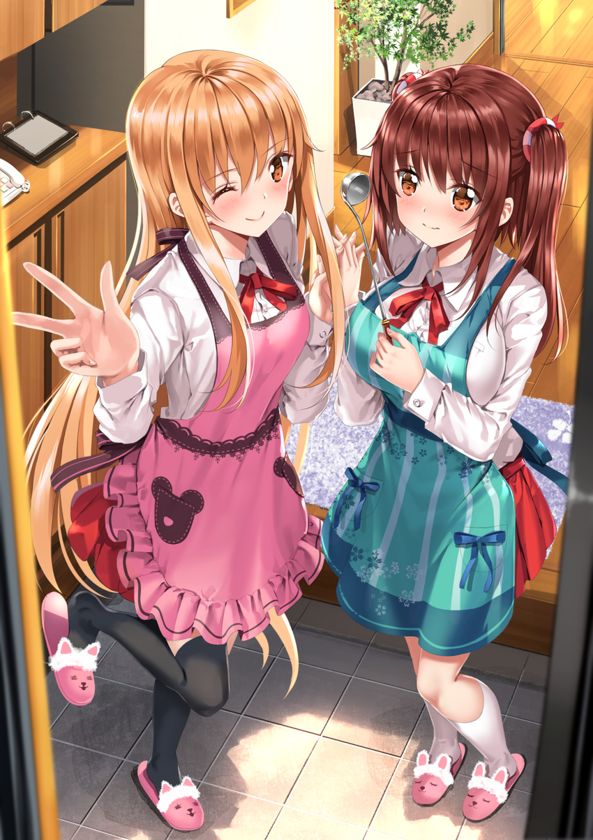 ;) animal_slippers apron bangs blush bow bowtie breasts bunny_slippers cat_slippers closed_mouth collared_shirt commentary_request day doma_umaru doormat doorway ebina_nana entrance eyebrows_visible_through_hair floral_print foreshortening foyer frilled_apron frills green_apron hair_between_eyes hair_tie hallway hand_up highres himouto!_umaru-chan holding holding_hands indoors interlocked_fingers kneehighs ladle large_breasts long_hair long_sleeves looking_at_viewer medium_breasts medium_hair multiple_girls nervous_smile notepad one_eye_closed orange_eyes orange_hair phone pink_apron pink_footwear plant pleated_skirt potted_plant print_apron raised_eyebrows red_hair red_neckwear red_skirt school_uniform shirt shoe_dangle sidelocks skirt slippers smile standing standing_on_one_leg stitches striped_apron swordsouls thighhighs tile_floor tiles two_side_up v very_long_hair white_shirt wooden_floor zettai_ryouiki