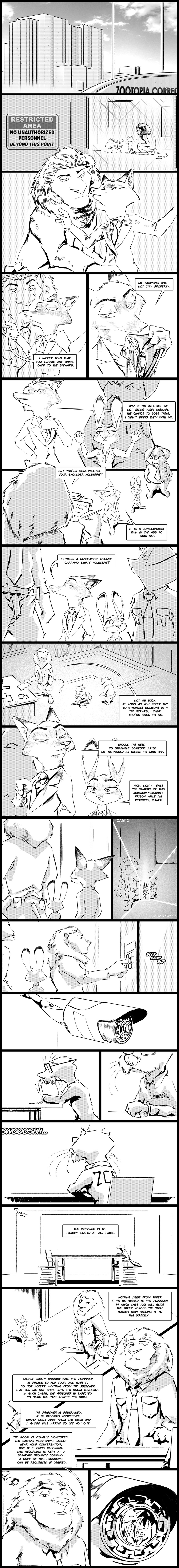 2017 anthro camera canine chair cheek_tuft clothed clothing comic dialogue dipstick_ears disney emmitt_otterton english_text eyewear feline female fox glasses greyscale group handcuffs judy_hopps lagomorph lion male mammal monochrome mustelid necktie nick_wilde otter pig police_uniform porcine prison_uniform rabbit screentone shackles suit table text thewyvernsweaver tuft uniform zootopia