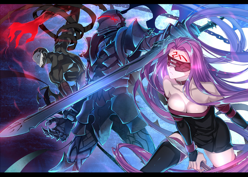 armor blindfold breasts cleavage dress fate/stay_night fate_(series) lancelot_(fate) long_hair purple_hair rider sword tagme_(character) tattoo thighhighs weapon ycco_(estrella)
