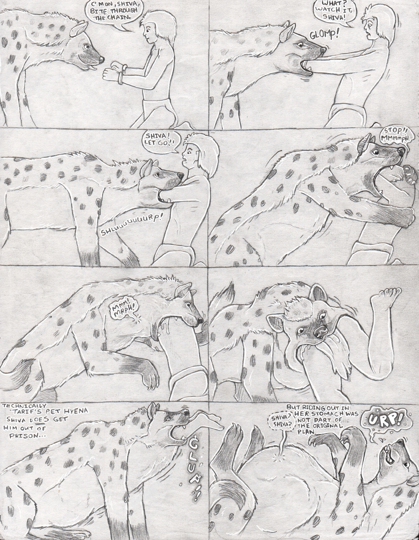 abdominal_bulge bound burping clothing comic dialogue female feral forced handcuffs human hyena loincloth male mammal monochrome oral_vore saliva shackles sketch sound_effects spotted_hyena strega swallowing teeth tongue tongue_out vore