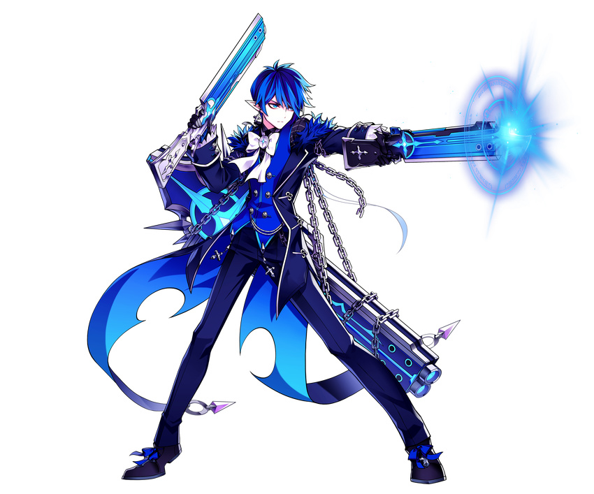 black_coat black_footwear black_gloves black_pants blue_eyes blue_hair blue_shirt bow chain ciel_(elsword) closed_mouth cross cross_earrings dual_wielding earrings elsword full_body gloves gun highres holding holding_gun holding_weapon hwansang jewelry looking_away male_focus official_art pants pointy_ears royal_guard_(elsword) serious shirt shoes solo standing transparent_background weapon white_bow