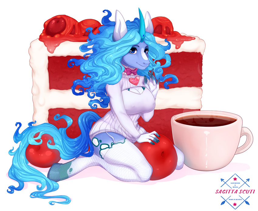 anthro blue_eyes clothing equine female food horn mammal pirorafrostfire sagittascuti simple_background solo unicorn white_background