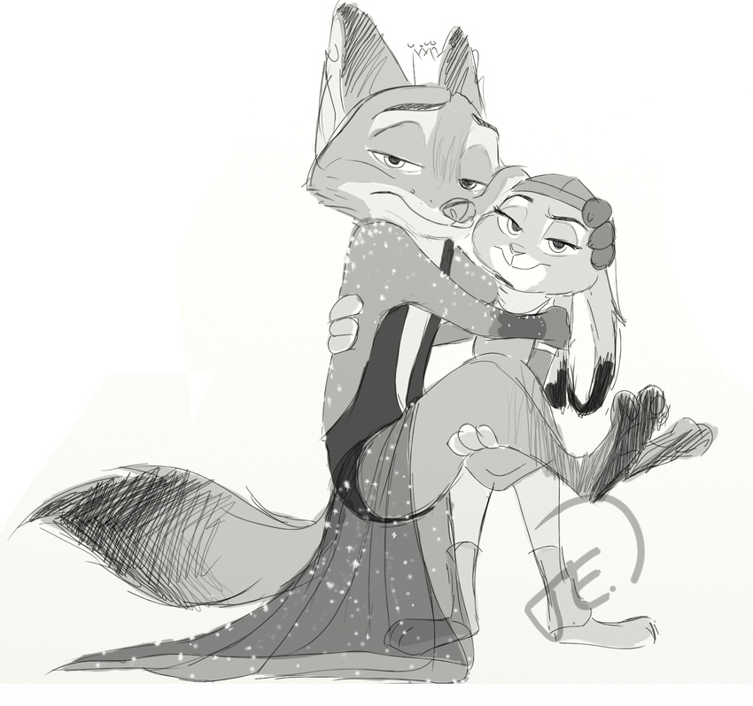 2016 3_toes 4_fingers anthro barefoot canine carrying clothed clothing crossdressing dipstick_ears dipstick_tail disney dragon's_lair dress duo ears_down face_squish fox fur gloves_(marking) greyscale half-closed_eyes hi_res holding_character judy_hopps lagomorph looking_at_viewer male mammal markings monochrome multicolored_tail nick_wilde parody rabbit signature simple_background sketch socks_(marking) toes translucent trashasaurusrex watermark white_background zootopia